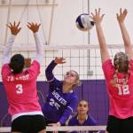 Sequim Gazette file photo by Michael Dashiell
With teammate Adrianna Stovall looking on, Sequims Jolene Vaara (25) looks to put a hit past Bremertons Lagituaiva Hale (3) and Helene Rode (12) in an Olympic League match on Oct. 24. Vaara and Stovall were named to the all-Olympic League first team last week.