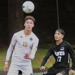 Peninsula College's Nil Grau (10), looks to control the ball against Columbia Basin's Jonas Olvera (17) in the NWAC semifinals held Friday in Tukwila. Grau scored the only goal of the game in a 1-0 victory, sending the Peninsula men into the NWAC finals at 1:30 p.m. Sunday against Highline. (Jay Cline/Peninsula College)