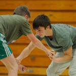 Sequims Cayden Beauregard, right, grapples with a teammate at a preseason practice last week. The senior placed seventh at last seasons MatClassic 2A tourney in the 106-pound weight class.