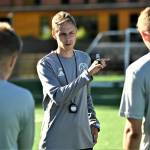 Photo by Rock Ross/Peninsula College
Jake Hughes, head coach of Peninsula Colleges mens soccer program, talks with players at a preseason practice in mid-August. Hughes was recently named NWAC Coach of the Year after leading the Pirates to a conference championship in November.