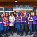 Photo by Monica Berkseth of Time Catcher Photography
Riverhouse Bakery & Café owner Denise Ferguson (center) celebrates a ribbon-cutting at the newly-opened eatery with members of the Sequim-Dungeness Chamber of Commerce.