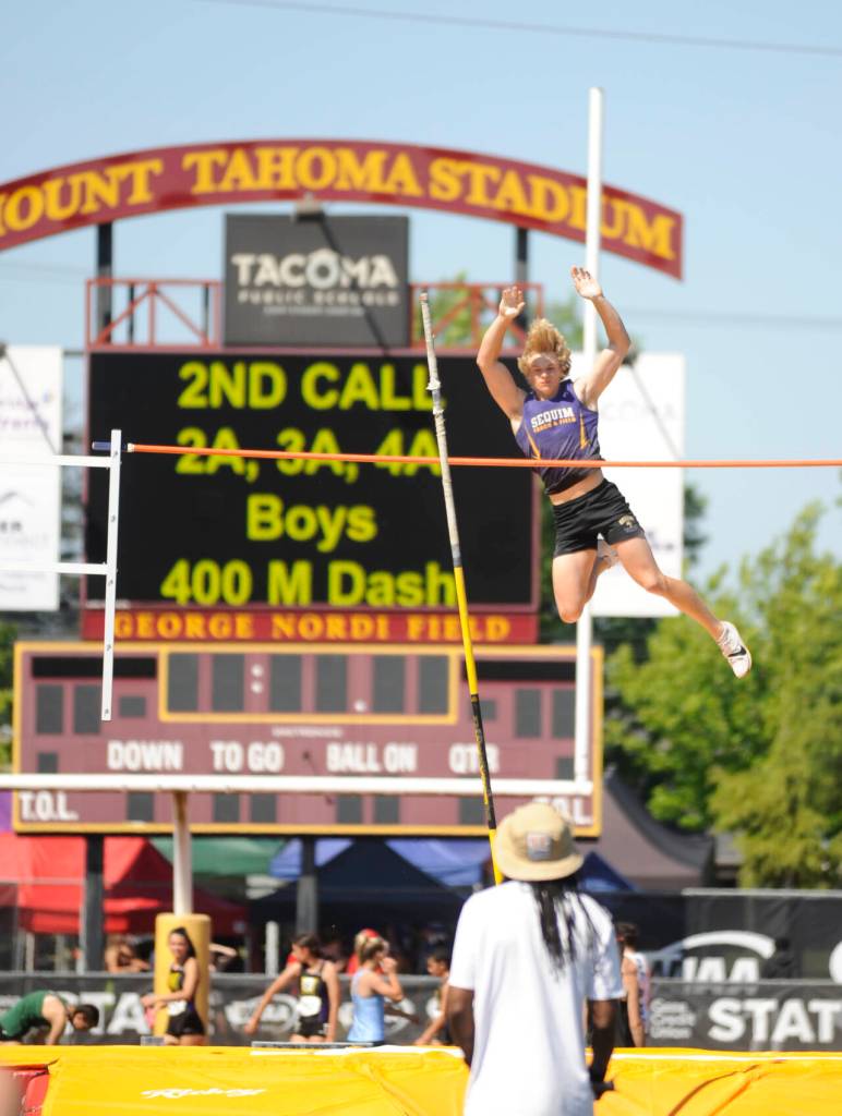 Sequim Gazette photo by Michael Dashiell / Sequim High senior Mirek Skov clears an early height on his way to a second place finish at the Class 2A state track and field championships in Tacoma on May 26.