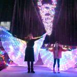 Sequim Gazette photo by Michael Dashiell / Vanessa Fuller, left, and, Raelynn Dickinson, 7, enjoy their illuminated costumes at Sequims Railroad Bridge following the lighting ceremony on Nov. 16.