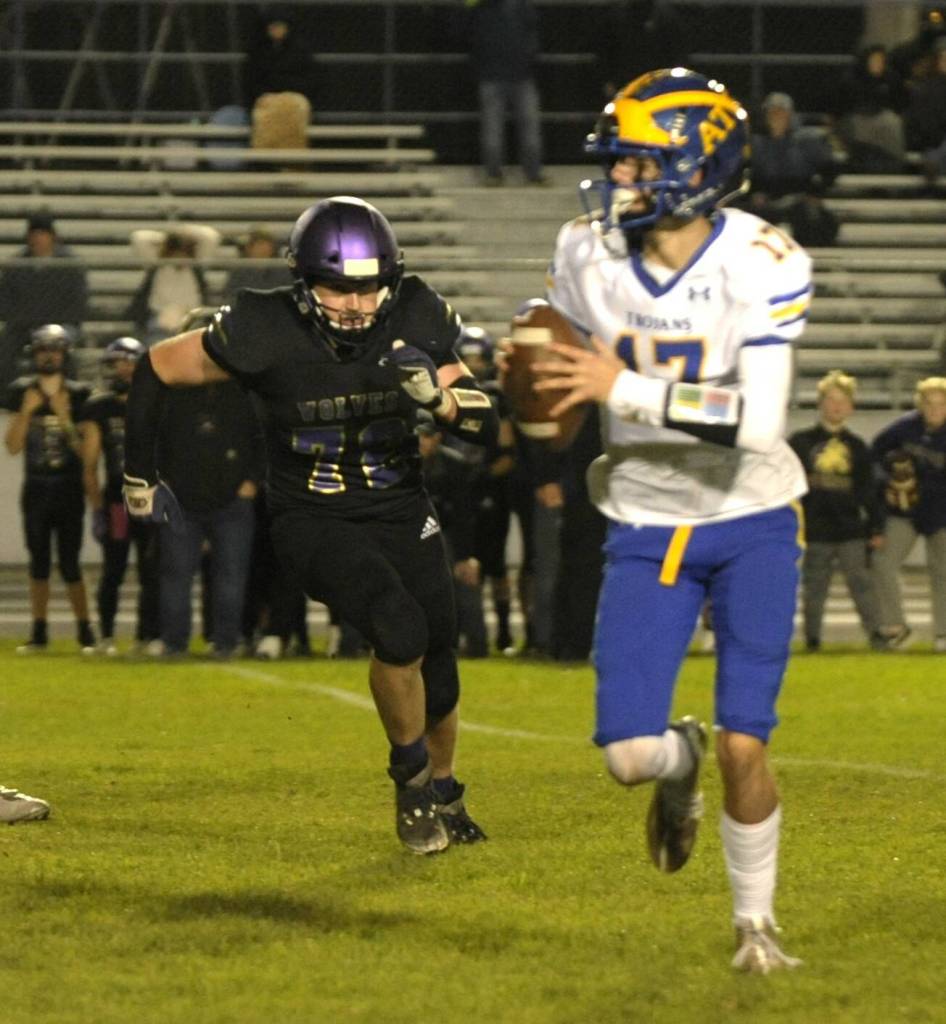 Sequims Brayden White, pictured here chasing Fife quarterback Mattson Ducharme in November, was recently named to the Peninsula Daily News All-Peninsula Football team.