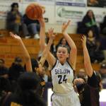 Sequim Gazette photo by Michael Dashiell
Sequims Dani Herman looks for an open teammate in a Jan. 5 match-up against Kingston. Herman had eight points and 13 rebounds in the win.