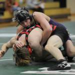 Sequim Gazette photo by Michael Dashiell / Sequims Jayms Vilona, top, looks to stay in control of a Battle of the Axe match against Camas Thomas Burket on Jan. 6 in Port Angeles. Vilona won by technical fall, 18-3.