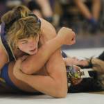 Sequim Gazette photo by Michael Dashiell / Sequims Ari Skov, top, gets a pin of Bremertons Troyor Kealoha at 175 pounds in an Olympic League match on Jan. 10. Skov was 2-0 on the evening, also earning a pin against Port Angeles AJ Martinez.