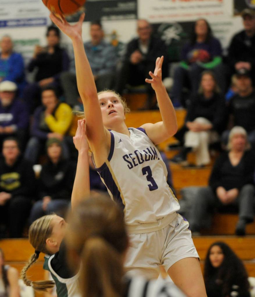 Sequim Gazette photo by Michael Dashiell / Sequims Jolene Vaara goes to the basket in the fourth quarter of the Wolves 66-64 loss to rival Port Angeles at home on Jan. 11. Vaara led the team with 19 points.