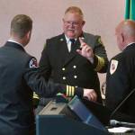 Photo courtesy Jay Cline/CLallam County Fire District 2
Deputy chief Justin Grider with Clallam County Fire District 2, center, has accepted an offer to become Clallam County Fire District 3s next fire chief. Here he speaks with local fire district leaders  from let, Derrell Sharp, Port Angeles Fire District chief; Joel McKeen, Port Angeles Fire District assistant chief; Greg Waters, Joyce Fire and Rescue chief Greg Waters, and Dan Orr, Fire District 3 interim fire chief  at a recruit graduation in 2023.