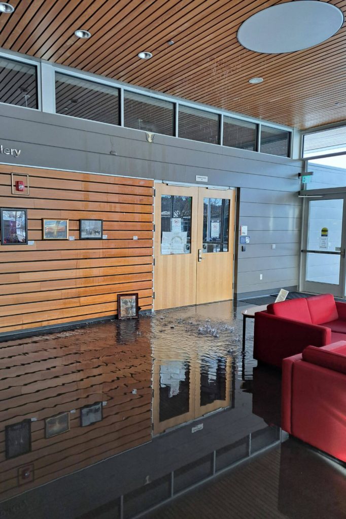 Photo courtesy City of Sequim
Sequim Mayor Brandon Janisse discovered water pouring into the lobby of the Sequim Civic Center on Monday, Jan. 15, and after alerting city manager Matt Huish, city crews were able to stop a sprinkler leak due to the cold weather. Damage was limited to some art work and walls, city staff said.