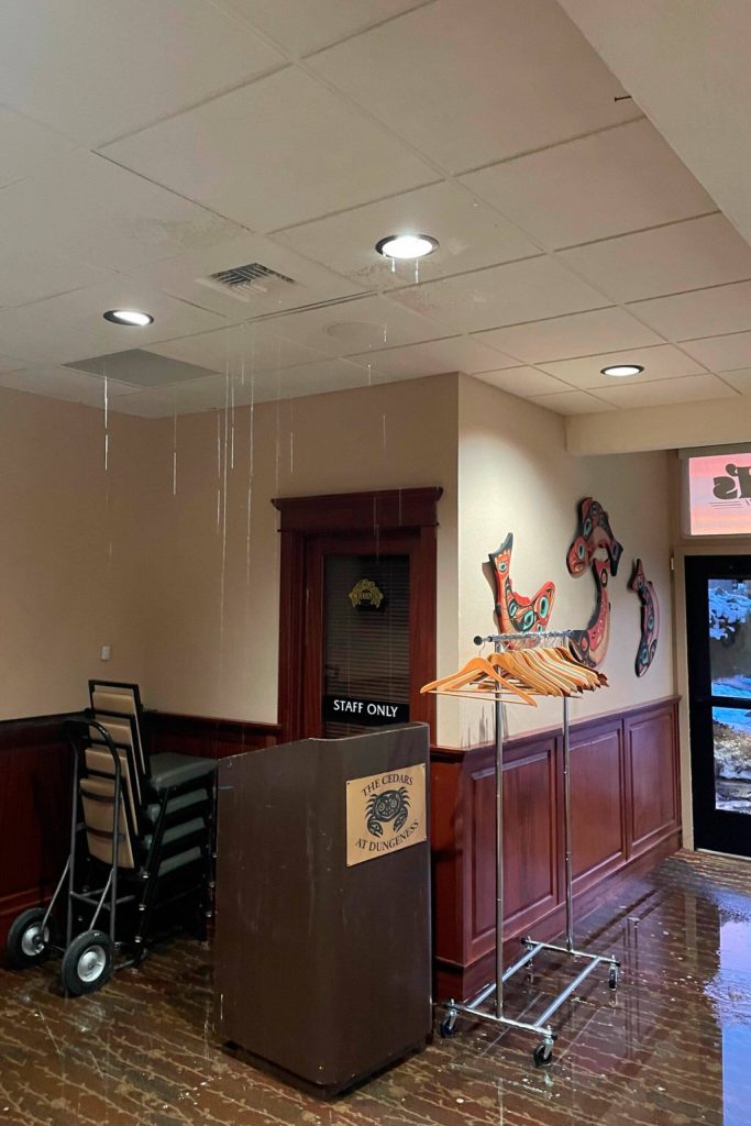Photo courtesy Cedars at Dungeness/ The Cedars at Dungeness had two sprinklers freeze and break over a four-day period due to the cold weather. One break in the Double Eagle restaurant poured into the banquet room, pictured.