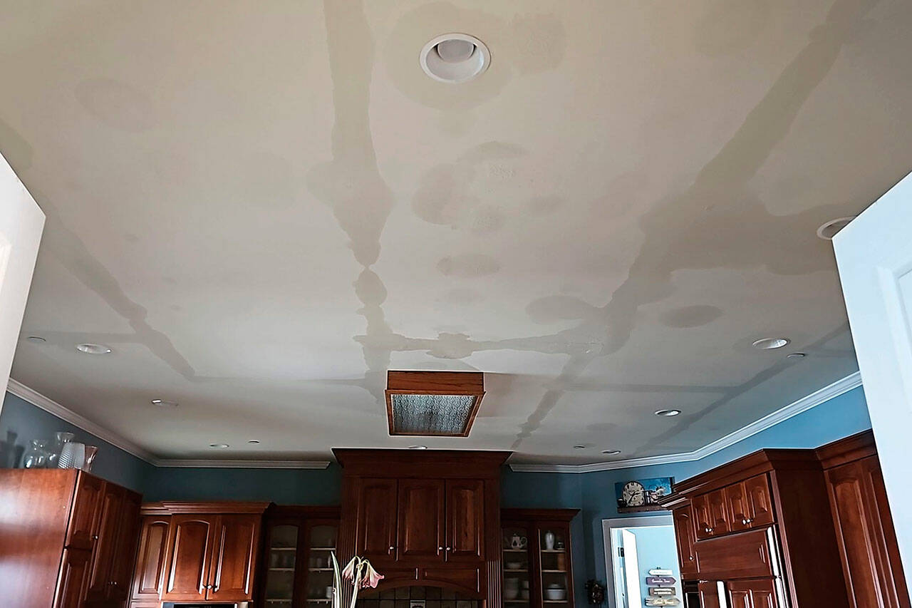 Photo courtesy George Washington Inn/ When Dan and Janet Abbott arrived at their George Washington Inn on Jan. 14, they found a downpour of water coming from their attics frozen fire sprinkler that left at least one inch of water on three floors of the inn and left water damage in many rooms, including in the kitchen ceiling.