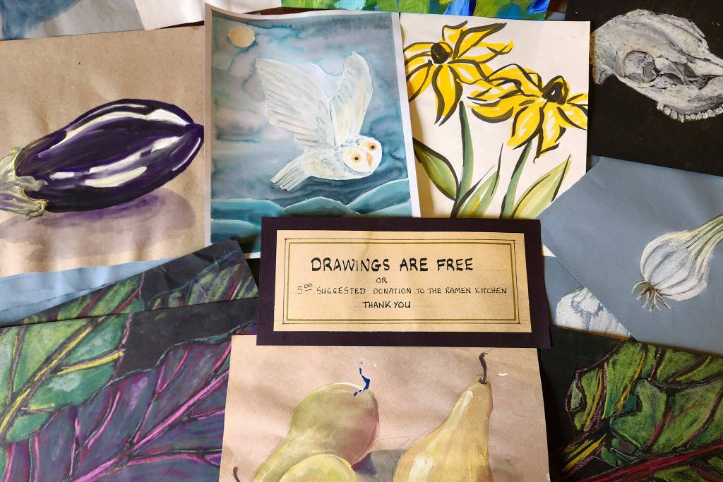 Photo courtesy Carrie Rodlend/ Along with framed art pieces for sale by Carrie Rodlend, a large collection of drawings is available for free or for a minimal donation to the Ramen Shop, a non-profit extension of Calvary Chapel Sequim, during the month of February.