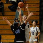 Sequim Gazette photo by Matthew Nash
With teammate Bobbi Mixon (right) looking on, Sequims Jolene Vaara goes up for a shot after grabbing an offensive rebound over North Masons Tanza Tupolo in an Olympic League match-up on Jan. 26.