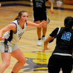 Sequim Gazette photo by Matthew Nash/ Sequims Hailey Wagner guards North Masons Adrianne Tupolo as she brings the ball up the court on Jan. 26.