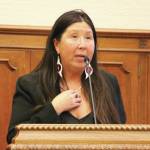 Photo by Aspen Anderson/Washington State Journal / Rep. Debra Lekanoff, D-Bow, addresses a crowd at a press conference in Olympia. With tribal leaders, Lekanoff is pressing for state help to counter the opioid crisis among tribal communities.