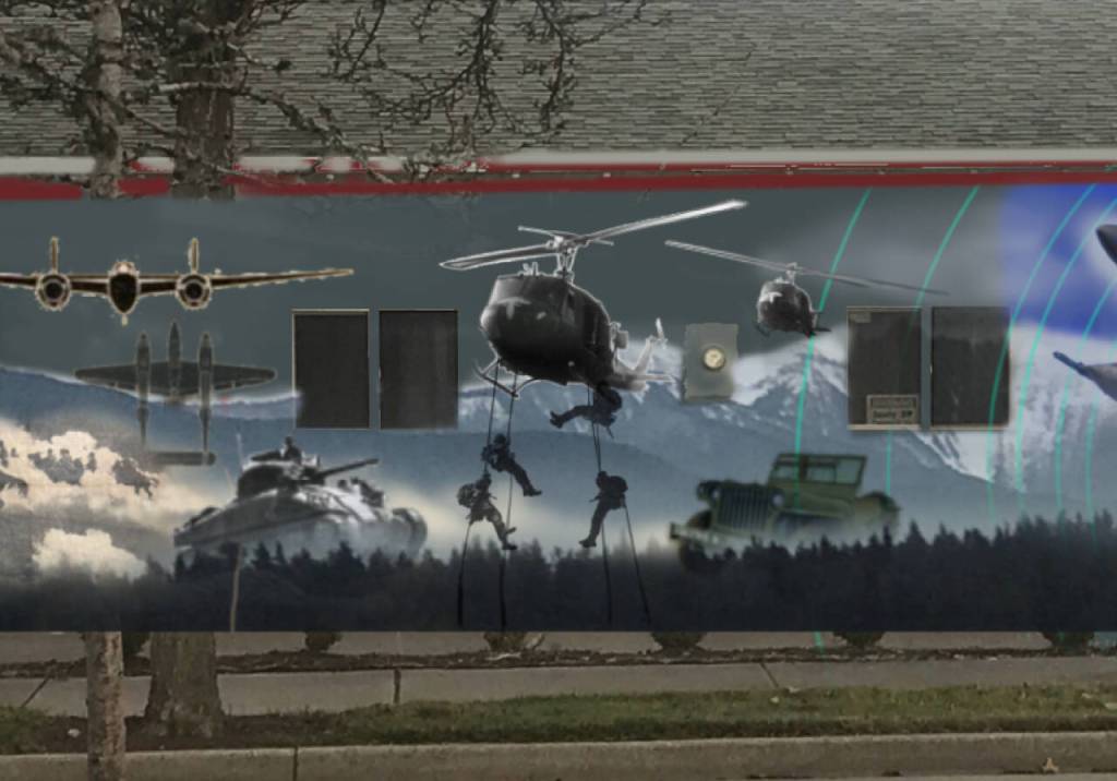 Artwork by Melissa Klein / A mock-up of a portion of the mural Melissa Klein is designing for Sequims American Legion Post represent branches of the military.