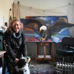 Sequim Gazette photo by Michael Dashiell
Melissa Klein takes a break from her work in her studio located north of Sequim; joining her is her dog Stormy.