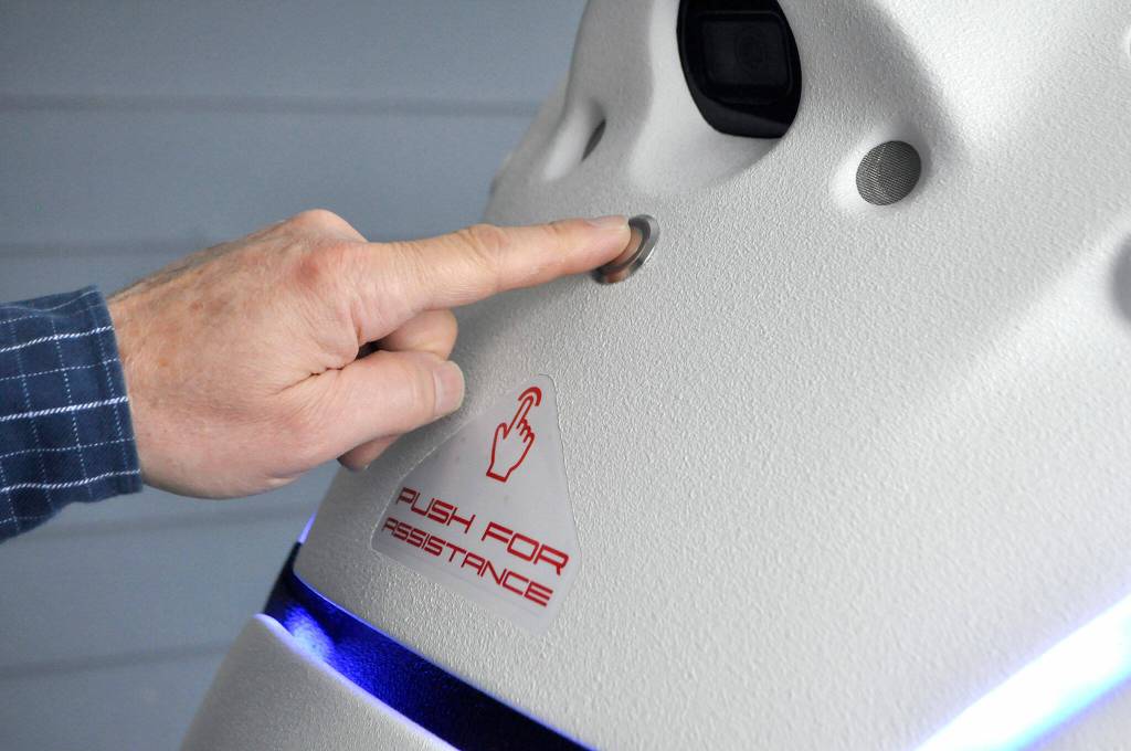 An emergency button on Rudy the robot allows for people to seek emergency assistance at locations that robots are on patrol. Each robot features a two-way speaker system along with 360-video recording and thermal anomaly detection, and more.