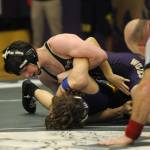 Sequim Gazette photo by Michael Dashiell / Johnny Vilona of Sequim takes control of the sub-regional 126-pound semifinal match against Bremertons Jonah Gregor. Vilona won the match, 4-2, and placed second overall.