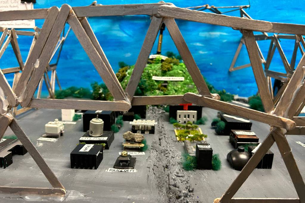 Sequim Gazette photo by Matthew Nash/ Team Trout City of Gye Bradley, Sadie Canty, Emma Rhodes and Roo Yates featured a fan, lights and an observatory for its Future City display.