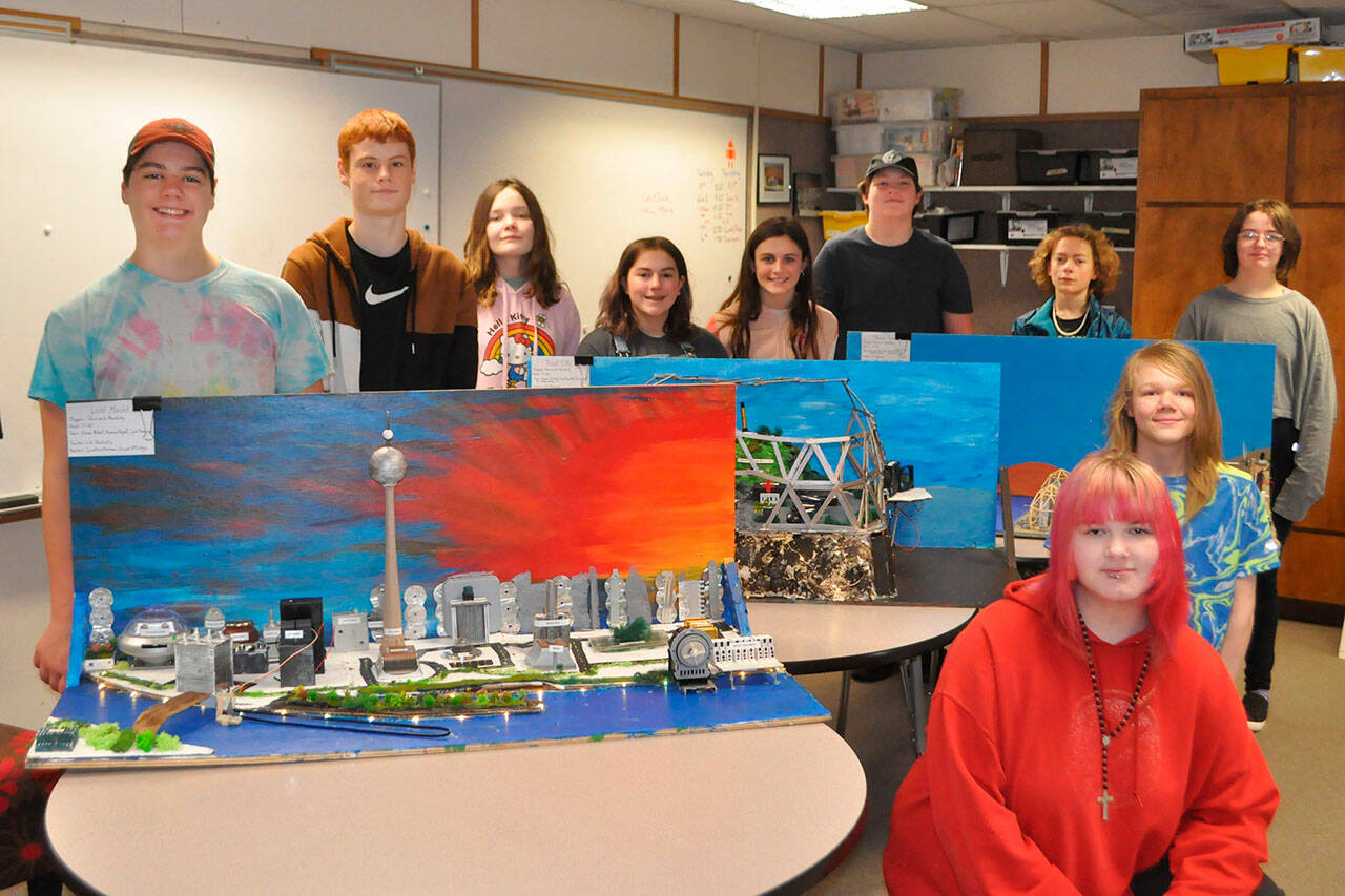 Sequim Gazette photos by Matthew Nash
Future City participants from Sequims Olympic Peninsula Academy, included, from top left, Marcus Byrne, Arvids Prorok, Roo Yates, Emma Rhodes, Sadie Canty, Brayden Baritelle, Rivers Maynard, and Shay Lucier; front left, Jera Bessey, Gye Bradley; not pictured Emma Abken, Leef Sisson.