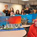 Sequim Gazette photos by Matthew Nash
Future City participants from Sequims Olympic Peninsula Academy, included, from top left, Marcus Byrne, Arvids Prorok, Roo Yates, Emma Rhodes, Sadie Canty, Brayden Baritelle, Rivers Maynard, and Shay Lucier; front left, Jera Bessey, Gye Bradley; not pictured Emma Abken, Leef Sisson.