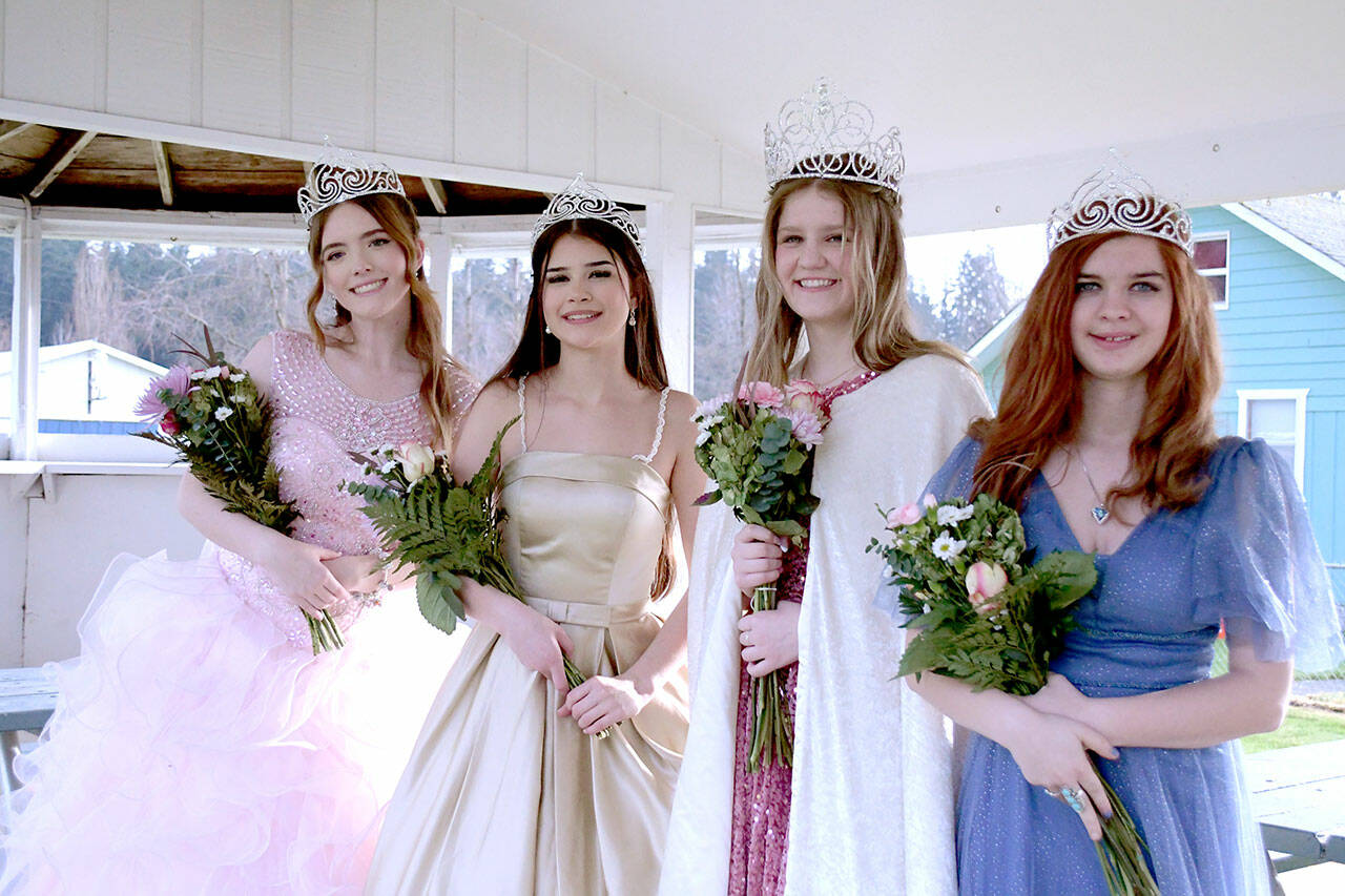 Photo by Laurie Davies/Clallam County Fair
This years Clallam County Fair royal court are, from left, Princess Aliya Gillett of Forks, Princess Tish Hamilton of Port Angeles, Queen Brooklyn McKnight of Port Angeles and Princess Olivia Ostlund of Sequim. The four were crowned Jan. 27 and will preside over the 2024 Clallam County Fair from Aug. 15-18. More than 150 people attended the coronation conducted at the Exposition Building at the Clallam County Fairgrounds. A silent auction raised more than $1,200 for scholarships.
