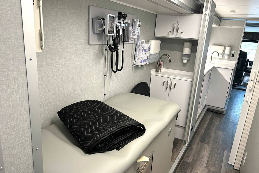 Sequim Gazette photo by Matthew Nash
An exam room and an area for counseling include noise cancelling equipment that provides more privacy between patient appointments inside Jamestown SKlallam Tribes mobile medical unit.