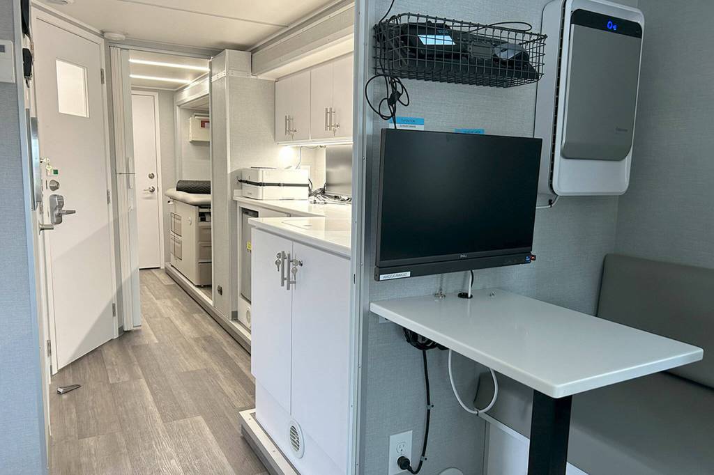Sequim Gazette photo by Matthew Nash/ An exam room, medicine dispensing room, and an area for counseling include noise cancelling equipment that provides more privacy between patient appointments inside Jamestown SKlallam Tribes mobile medical unit.