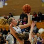 Sequim Gazette photos by Michael Dashiell
Sequims Jolene Vaara drives to the basket for two of her eight points in the Wolves 66-49 loss to Enumclaw on Feb. 14, in Sequims bi-district tourney opener.
