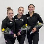 Photo courtesy ofRachel Sharp / From left, Lucy Spelker and Susannah Sharp of Sequim and Scarlett Sullivan of Port Angeles are headed to the state gymnastics finals this week.