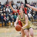 Photo by Jay Cline/Peninsula College / Peninsulas Alexa Mackey drives to the basket as the Pirates take on (and beat) Skagit Valley on Feb. 21 at home. Alexa Mackey had five points and eight rebounds in the win.