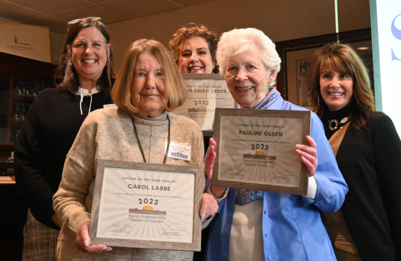 Sequim Gazette photo by Michael Dashiell
Finalists for the 2023 Sequim-Dungeness Valley Chamber Commerces Citizen of the Year award include (front row, from left) Carol Labbe and Pauline Olsen. Not pictured is the award recipient Renne Emiko Brock, who was unable to attend the chambers annual awards luncheon on Feb. 27 Pictured with Labbe and Olsen are (back row, from left) chamber president Eran Kennedy, chamber executive director Beth Pratt and Lorie Fazio, Citizen of the Year committee chair.