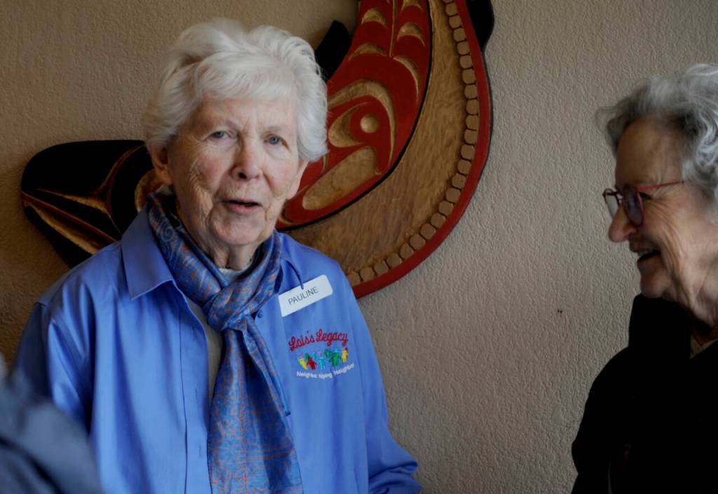 Sequim Gazette photo by Michael Dashiell / Pauline Olsen, a finalist for the 2023 Sequim-Dungeness Valley Chamber Commerces Citizen of the Year award, talks with attendees of the chambers award luncehon on Feb. 27.