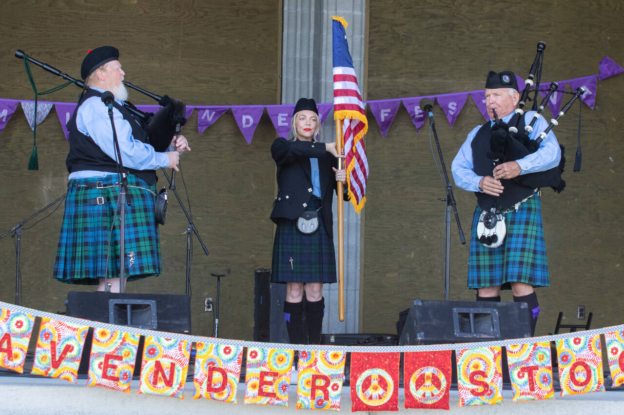 Photo by Emily Matthiessen / The Parking Lot Pipers, seen here performing at the Sequim Lavender Weekend in 2023, are a modern trio keeping up a historically rich musical art form.