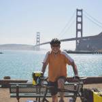 Photo courtesy of Bill Thorness
Pacific Coast cyclist Bill Thorness celebrates the milestone of reaching the Golden Gate Bridge.