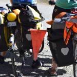Photo courtesy of Bill Thorness / Two friends are loaded for a bike camping adventure  right down to the personalized bike license plates.