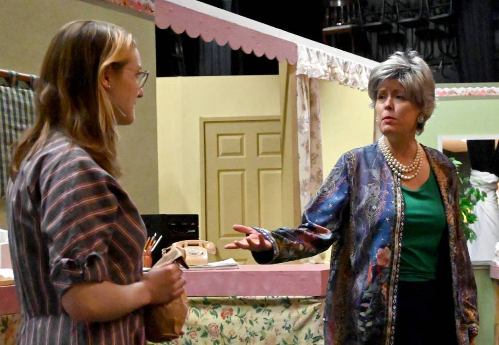Sequim Gazette photo by Michael Dashiell / At right, Kristin Ulsund (portraying Ouiser) speaks with Emily Loucks (as Annelle) as they rehearse a scene in Olympic Theatre Arts Steel Magnolias last week