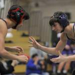 Sequim Gazette file photo by Michael Dashiell
Sequims Cayden Beauregard, right, pictured here squaring off against Khailan Chan of Camas at the Battle of the Axe tournament in Port Angeles on Jan. 6, was named to the all-Olympic League first team at 113 pounds.