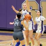 Sequim Gazette file photo by Matthew Nash / Sequims Jolene Vaara, pictured here defending Olympics Sophia Brown, was named the Olympic Leagues Most Valuable Player and Defensive Player of the Year. Looking on is SHS teammate Gracie Chartraw, who was named to the all-league first team.