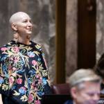Photo courtesy of Senate Democrats / Sen. Rebecca Saldaña is seen here on the floor of the Senate wearing a colorful rebozo.