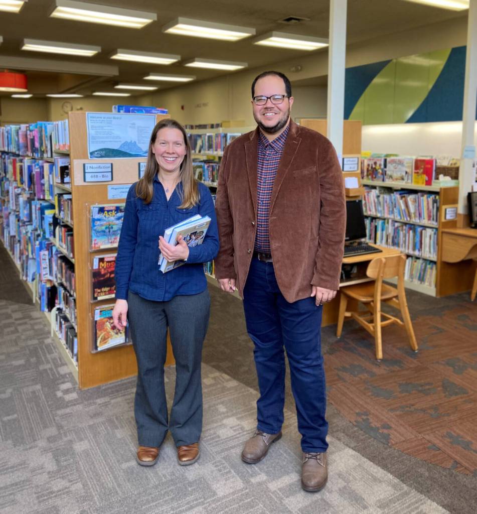 Photo courtesy of North Olympic Library System / Sequim Library branch manager Emily Sly and Noah Glaude, North Olympic Library System executive director / stand inside the Sequim Library, which closes on March 10 for three weeks and move to a temporary space at 609 W. Washington St., as the facility undergoes a year-long renovation. the remodeling is estimated to finish in spring 2025.