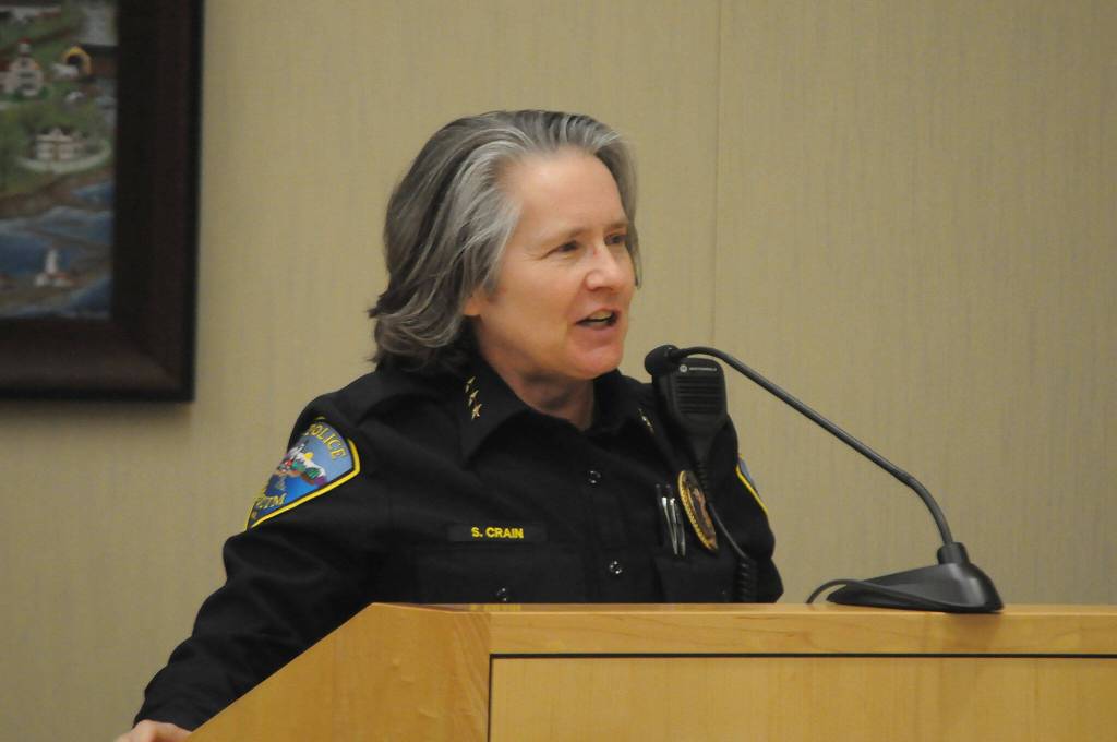 Sequim Gazette photo by Matthew Nash/ Sequim Police Chief Sheri Crain tells Sequim city councilors on Feb. 26 how proud she is to have worked for the City of Sequim for 33 years. This city has developed into a jewel, she said.