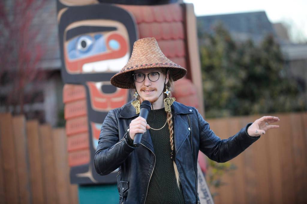 Sequim Gazette photo by Michael Dashiell / Jamestown SKlallam Tribal member Mackenzie Grinnell offers a welcome and story to attendees of the Sequim Sunshine Festival opening at the Sequim Civic Center Plaza on March 1.