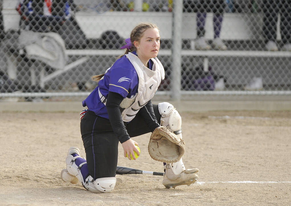 Sequim Gazette photo by Michael Dashiell / Sequim catcher Mikki Green, pictured here in a 2023 game against Port Angeles, was named to the all-Olympic League second team.