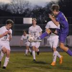 Sequim Gazette photo by Matthew Nash / Sequims Preston Kurtze puts a boot to the ball while surrounded by Port Angeles defenders Grant Butterworth, Jackson Wyall, Myles Close, Aurelio Wilson-Rojero and Caleb Lagrange (obscured) during the Wolves 4-2 win on March 14.