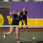 Sequim Gazette file photo by Michael Dashiell
Sequims Sydney Hegtvedt, left, puts away a point as she and teammate Dani Herman take on a Port Angeles doubles team in 2023. Hegtvedt and Herman are the two returning seniors on the 2024 Sequim squad.