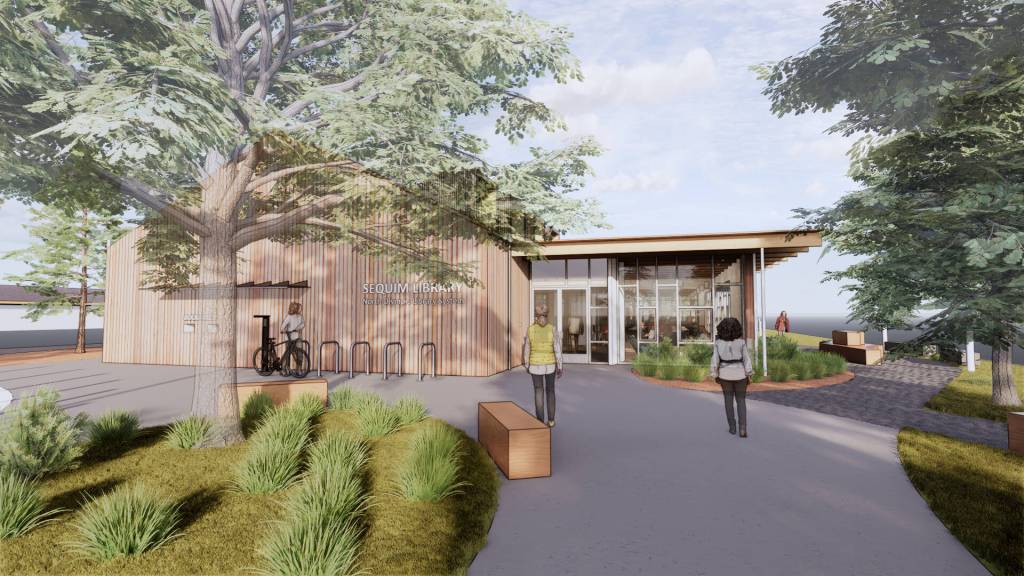 Rendering by SHKS Architects / An artist rendering shows an expanded and renovated Sequim Library, projected to open in spring 2025.