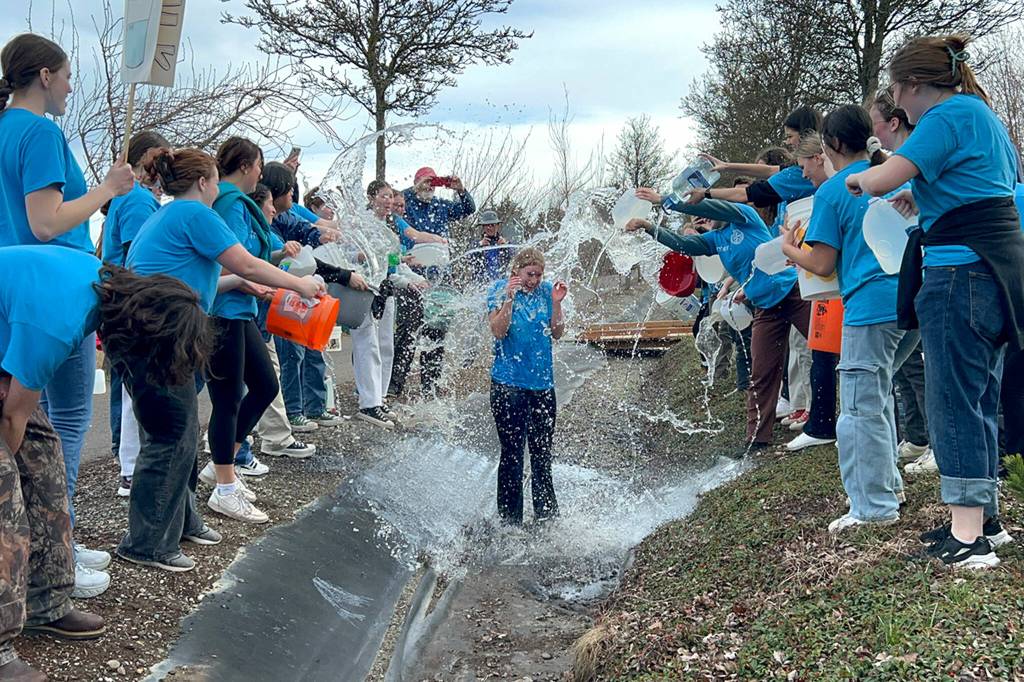 Sequim Gazette photo by Matthew Nash/ As tradition at the end of the Walk for Water, Interact Club members douse the president  this year Krista Charters  in Sequims original irrigation ditch by Sequim Middle School. Charters said carrying two large buckets of water two miles was harder than she thought itd be.